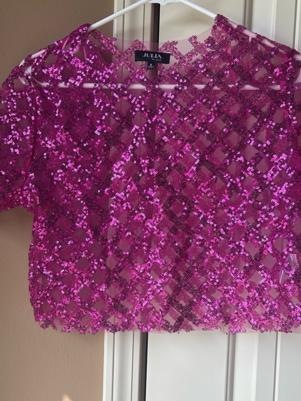 Fuchsia Sequin Crop Top and matching skirt.